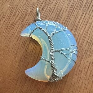 Silver Wire Wrapped white Opalite Crescent Pendant